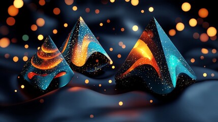 Poster - Glowing Pyramid Composition Abstract 3D Render, Dark Background, Gold and Blue Sparkle, Abstract Art Abstract art, 3D render