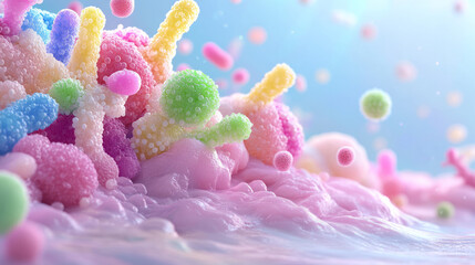 Poster - A creative digital artwork depicting a thriving gut microbiome fueled by prebiotics, with colorful illustrations of beneficial bacteria,