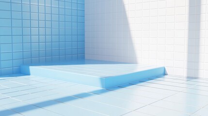 Poster - Minimalist Blue and White Tile Platform, 3D Render, Product Display, Background 3D rendering, product photography