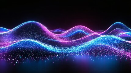 Poster - Neon Particle Wave Landscape 3D Render, Abstract Background, Blue Pink, Digital Art, Glowing Particles Abstract Background, Particle Effects