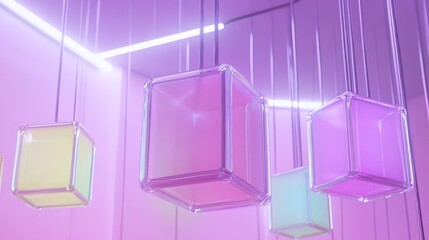 Poster - Suspended Glass Cubes Neon Purple Abstract, 3D Render, Minimalist Design Abstract, 3D rendering