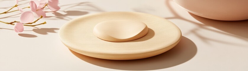 Poster - Textured Wooden Bowl with Smooth Inner Dish Minimalist Composition, Beige Tones, Soft Shadows, product photography Minimalist Photography, Product Design