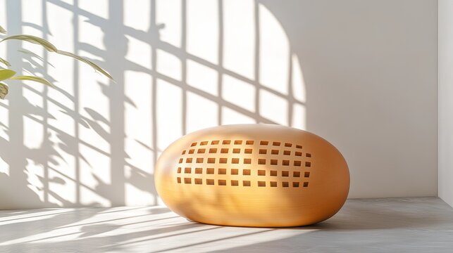 Wooden Sphere with Grid Pattern, Minimalist Composition, Light and Shadow, 3D Render. 3D rendering, product design