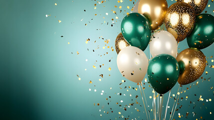 Wall Mural - sparkling green and gold balloons with confetti on teal background.