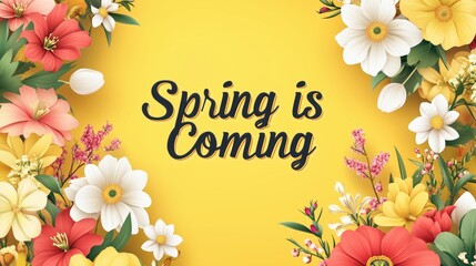 Wall Mural - On a cheerful yellow backdrop, the Spring is Coming message is highlighted by fresh blooms, creating a lively and inviting atmosphere for the season’s arrival.