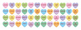 Sweet heart candy. Conversation sweets. Set of colorful сonversation hearts with different saying for Valentine's Day. Sweetheart candies. Sweet heart candy isolated on white background