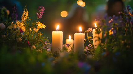 Poster - beltane warm glowing candlelight in a tranquil garden setting with vibrant flowers