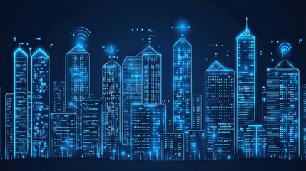Futuristic Cityscape Digital Smart Buildings Network