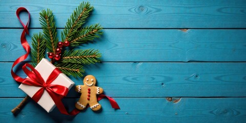 Poster - Festive Season Gift Box with Evergreen Boughs, Red Ribbon, and Gingerbread Man on Teal Wooden Background