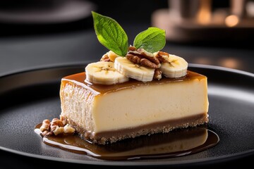 A slice of Banana Caramel Nut Cheesecake.