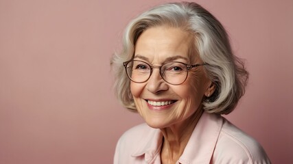 Wall Mural - elderly american female in casual wear on pastel color background model portrait smiling for ad concept space for text