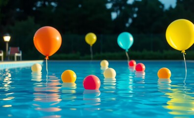 Wall Mural - Swimming pool with colorful balloons on blue water outdoor copy space poolside party in garden air balloons on water balloon background balloon background party holiday celebration decoration