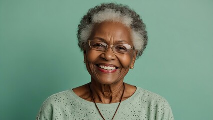 Wall Mural - elderly african female in casual wear on pastel color background model portrait smiling for ad concept space for text