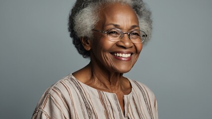 Wall Mural - elderly african female in casual wear on pastel color background model portrait smiling for ad concept space for text