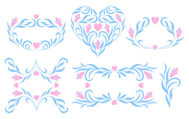 Wall Mural - Collection of delicate floral frames and elements featuring soft blue leaves and pink flowers.