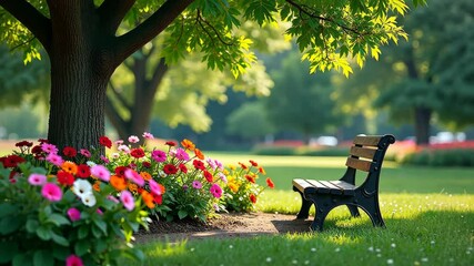 Aufkleber - A bench is in a park with a tree behind it. The bench is black and there are flowers in the background