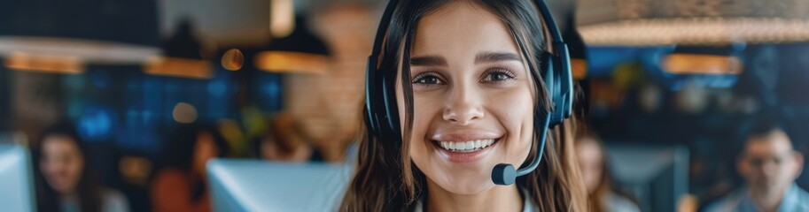 Poster - In a contemporary call center, a female customer service representative collaborates with colleagues to foster a positive and professional environment, improving communication and teamwork skills