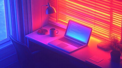 Poster - Creative workspace featuring a laptop, coffee cup, and ambient lighting in an evening setting. Generative AI