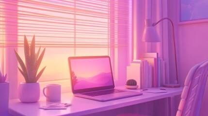 Poster - Bright workspace with laptop and plants in a sunlit room during golden hour. Generative AI