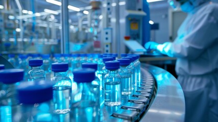 Poster - in a hightech pharmaceutical laboratory, a scientist in protective gear works amidst vials moving on