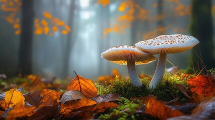 Wall Mural - Delicate Mushrooms Among Vibrant Autumn Leaves in the Forest