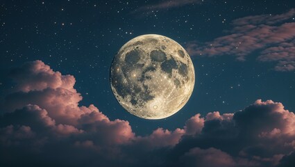 bright lunar light pierces dark night clouds, revealing a full moon's fantasy space