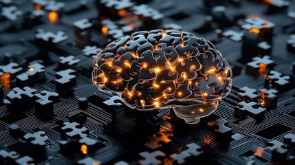 Poster - Brain silhouette glowing with interconnected puzzle piece structures