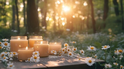 Wall Mural - Tranquil Scene with Candles and Daisies in Nature at Sunset Glow