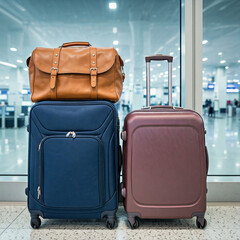 suitcase with luggage on the lounge. two suitcases and a travel bag near the window in an airport.