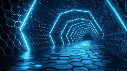 Poster - Vibrant blue lighted hexagonal tunnel with a futuristic design and reflective floor leading into darkness. Generative AI