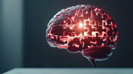 Poster - Brain silhouette glowing with interconnected puzzle piece structures