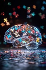 Poster - Brain silhouette illuminated by glowing puzzle pathways in vibrant patterns
