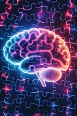 Poster - Brain silhouette illuminated by glowing puzzle pathways in vibrant patterns