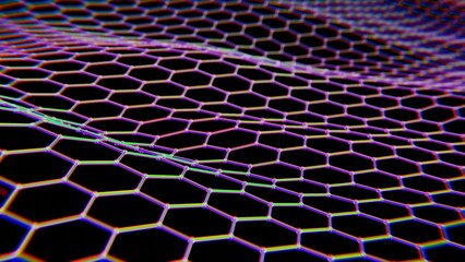 Aufkleber - Vibrant Hexagonal Mesh with Rainbow Glitch Effect on Black Background..