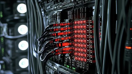 Poster - Numerous cables are connecting a server rack with blinking red lights in a dark data center, creating an atmosphere of intense technological activity
