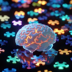 Poster - Brain surrounded by flowing glowing puzzle patterns in vibrant colors