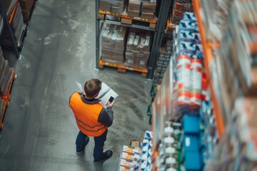 Poster - Overhead view of a warehouse worker in an orange high-visibility vest, examining inventory using a clipboard or document. Shelves stocked with various items are visible in the background.