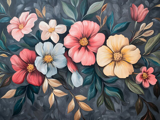 Wall Mural - Beautiful flowers on a gray background. Neural network AI generated art