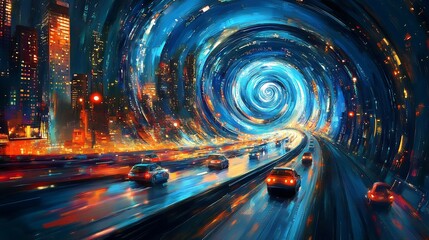 Aufkleber - Vibrant Swirl of Cars in a Futuristic City with Bright Lights and Dynamic Energy : Generative AI