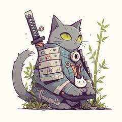 Wall Mural - A Grey Cat Samurai Wearing Futuristic Armor