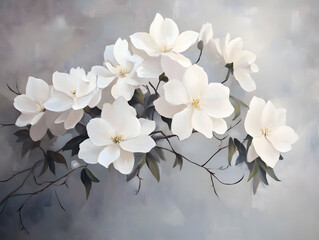 Wall Mural - Beautiful flowers on a gray background. Neural network AI generated art