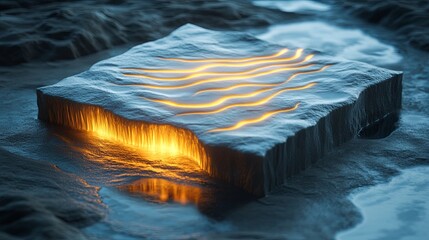 Poster - glowing textured stone adds warmth to a serene water setting at twilight. generative ai