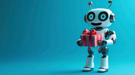 Poster - a friendly android robot stands happily while presenting a wrapped gift box adorned with a bow. its 