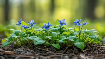 Wall Mural - Blue Wildflowers Growing Amid Green Leaves in Forest Environment