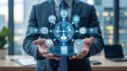 businessman's hand touches global network icon on tablet screen, a future tech communication concept