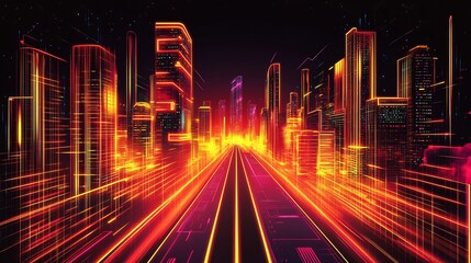 Aufkleber - Electrifying Neon City with a Streamlined Futuristic Road and Shimmering Skyscrapers : Generative AI