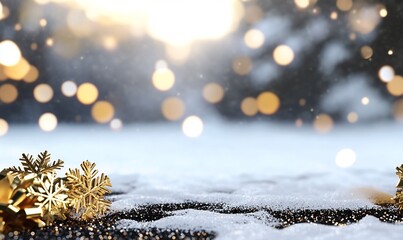 Wall Mural - Golden snowflakes on a snowy surface with blurred bokeh background