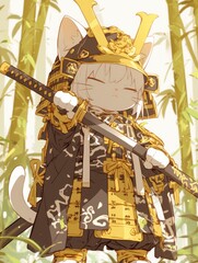 Wall Mural - Adorable Cat Samurai in Golden Armor Stands Proudly