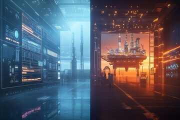 Aufkleber - Contrasting Digital Displays and Oil Platforms Reflecting Advanced Energy Systems : Generative AI