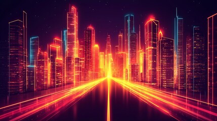 Aufkleber - Vibrant Neon Metropolis with Luminous Streetlights and Futuristic Skyscrapers at Night : Generative AI